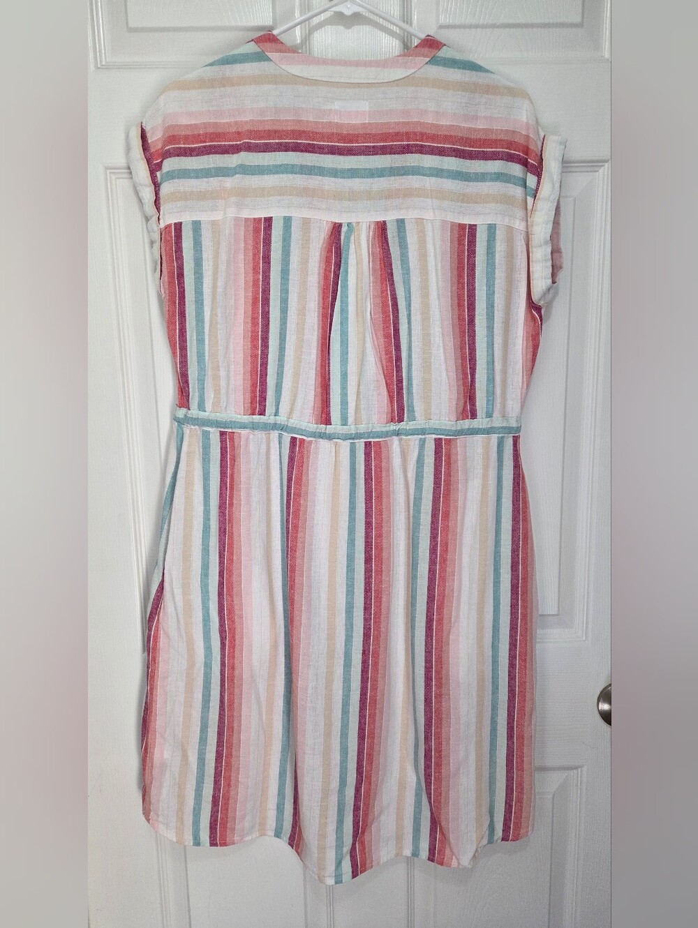 Time & Tru Linen Blend Pastel Vertical Stripe Midi Dress Drawstring Waist Small - Picture 9 of 10